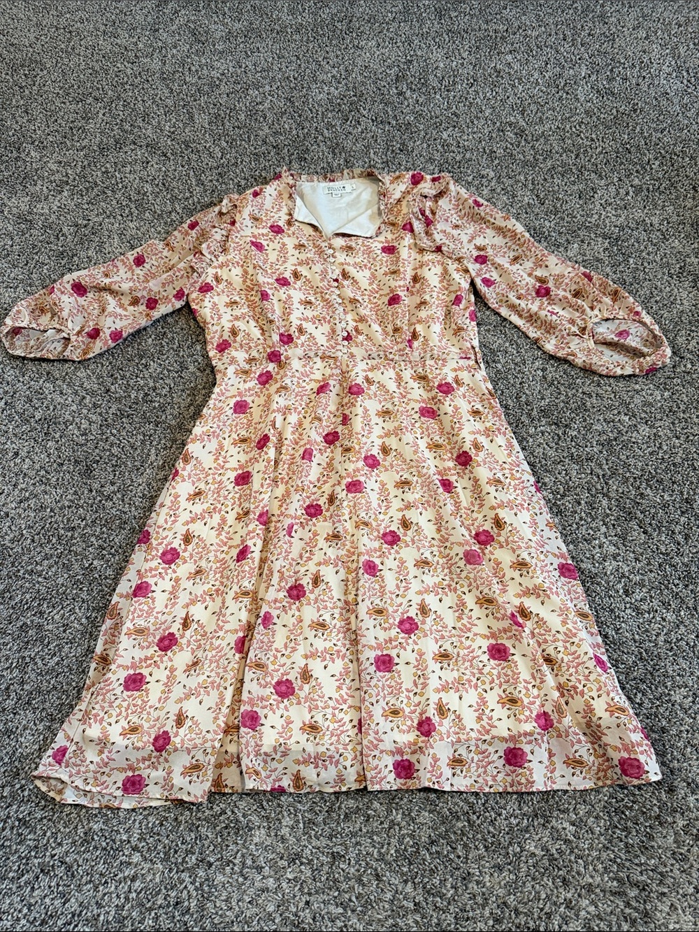 Molly Bracken Pink Floral Cream Midi Dress Size Large **Missing Belt